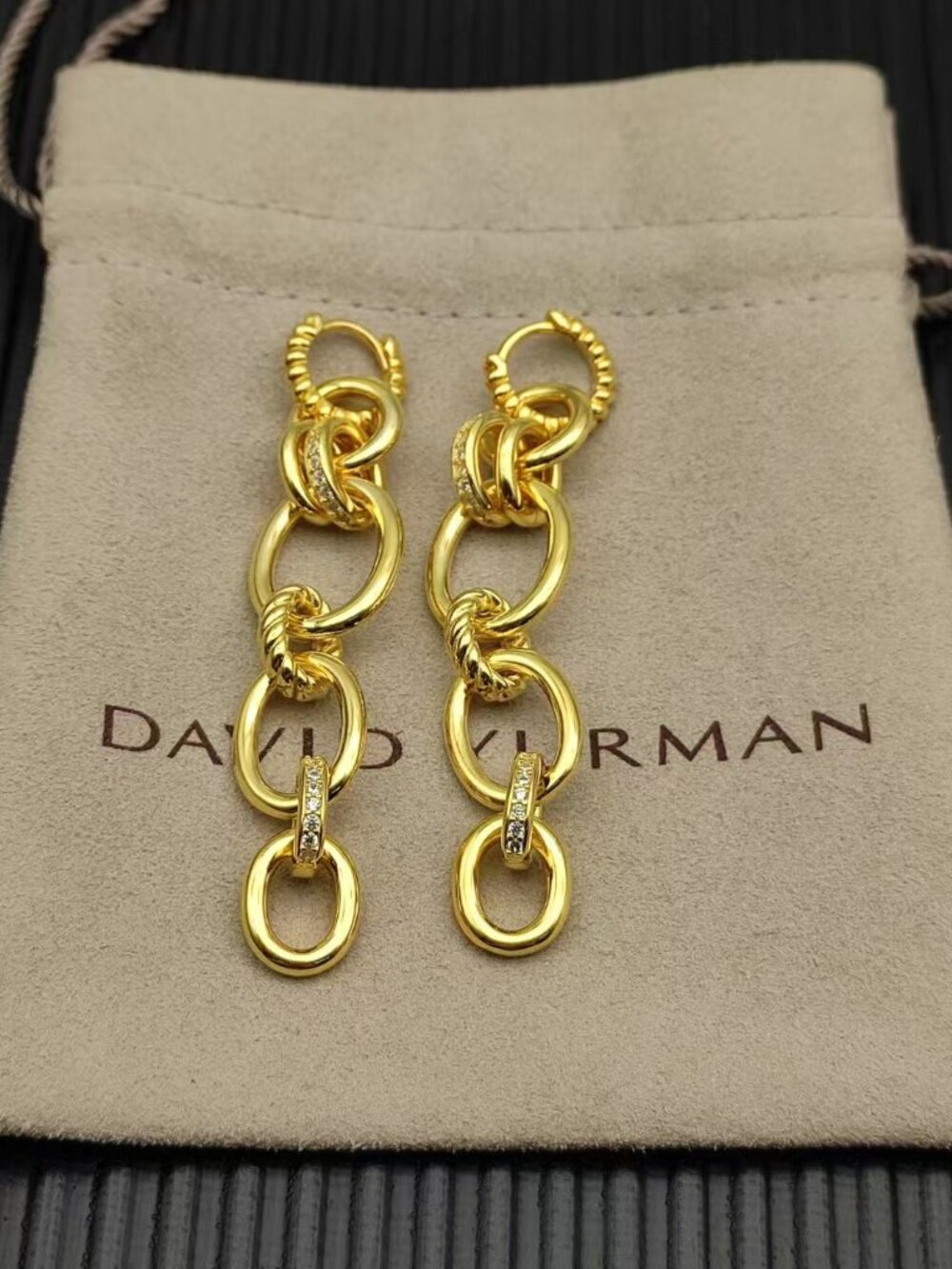 David Yurman Gold‑Tone Chain Link Drop Earrings Pave Crystal Accents Pair